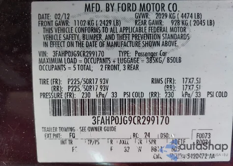 2012 Ford Fusion Sel z USA, uszkodzony, nr VIN 3FAHP0JG9CR299170